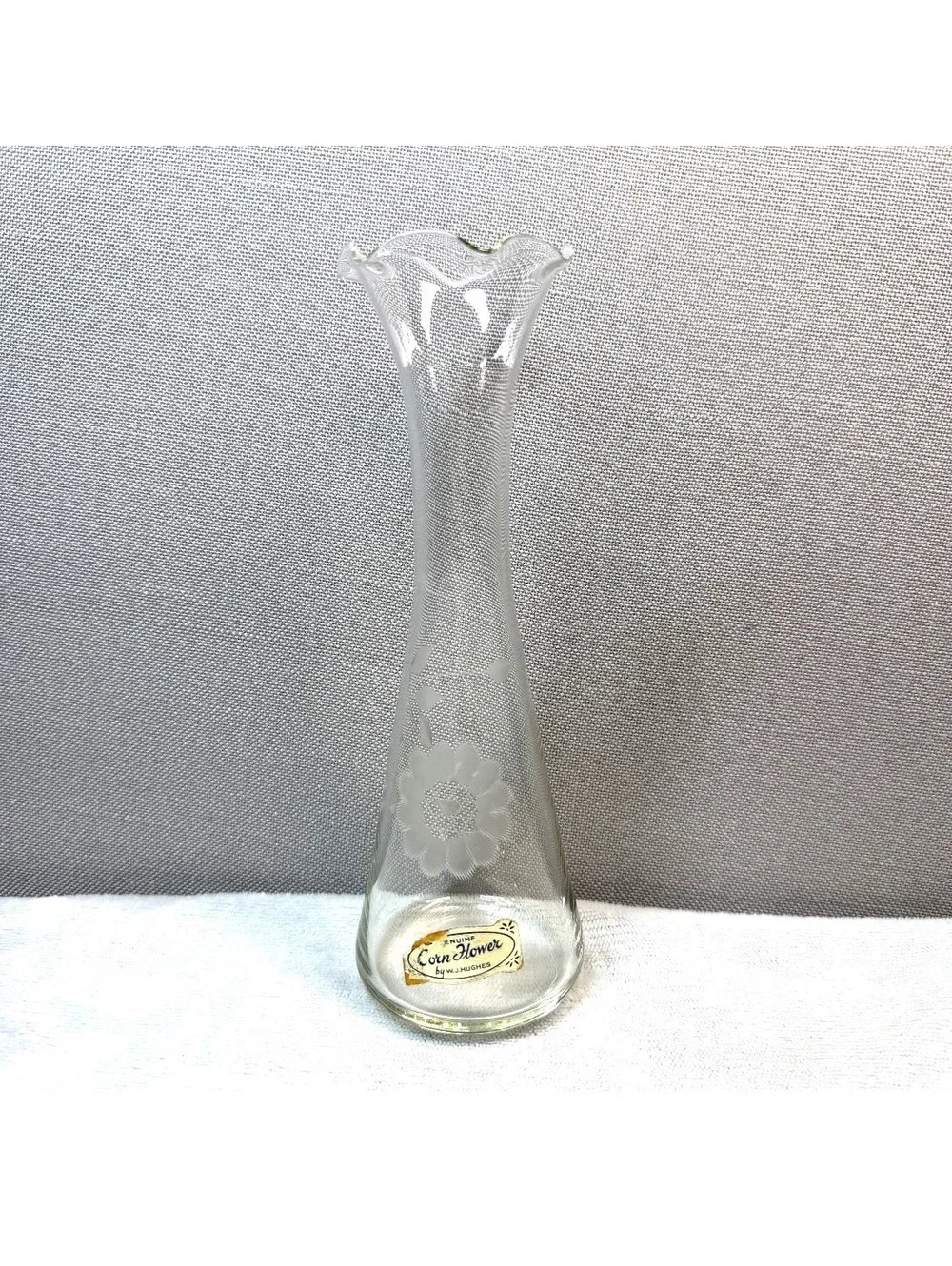 Vintage Hughes Corn Flower Glass Bud Vase with Original Foil Sticker - 8 Inch